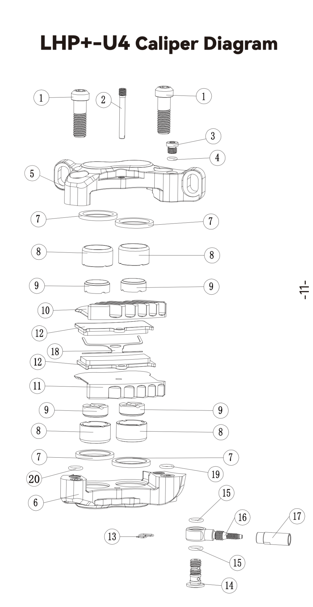 LHP+-U4 Caliper Diagram with labeled parts on a white background