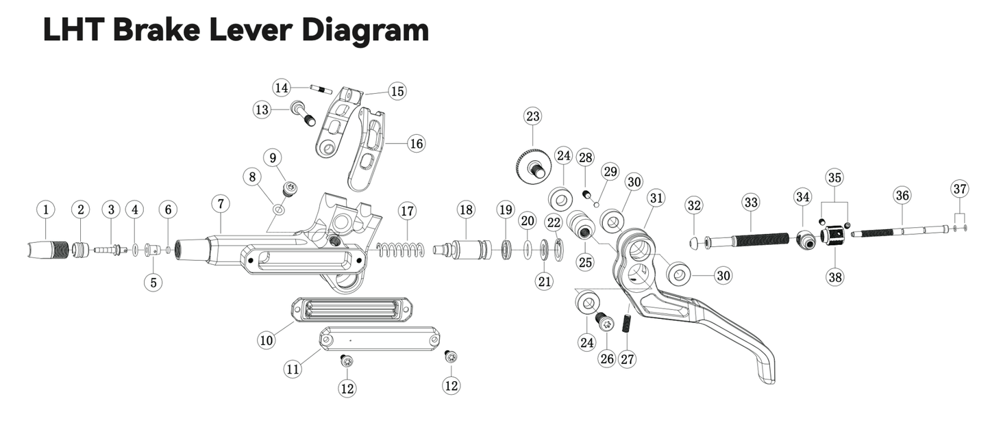 Technical diagram of an LHT brake lever with labeled parts on a white background