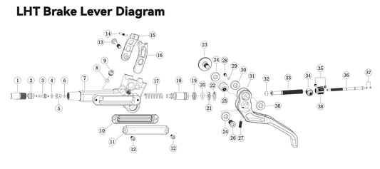 Technical diagram of an LHT brake lever with labeled parts on a white background
